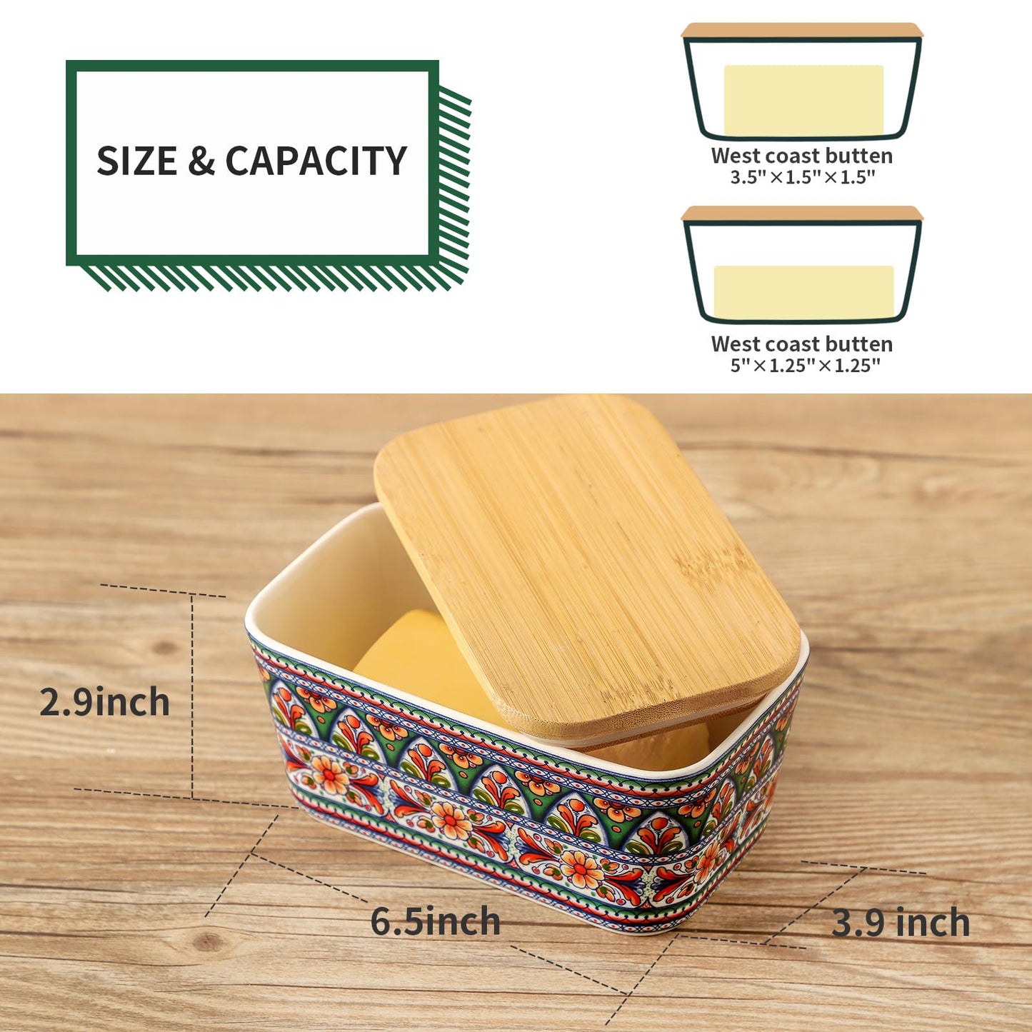 Tikooere Ceramic Butter Dish with Lid,Large Butter Container with Airtight Cover for Countertop or Refrigerator,Farmhouse Kitchen Butter Holder for New Year Gift,Dishwasher Safe,Green Printing