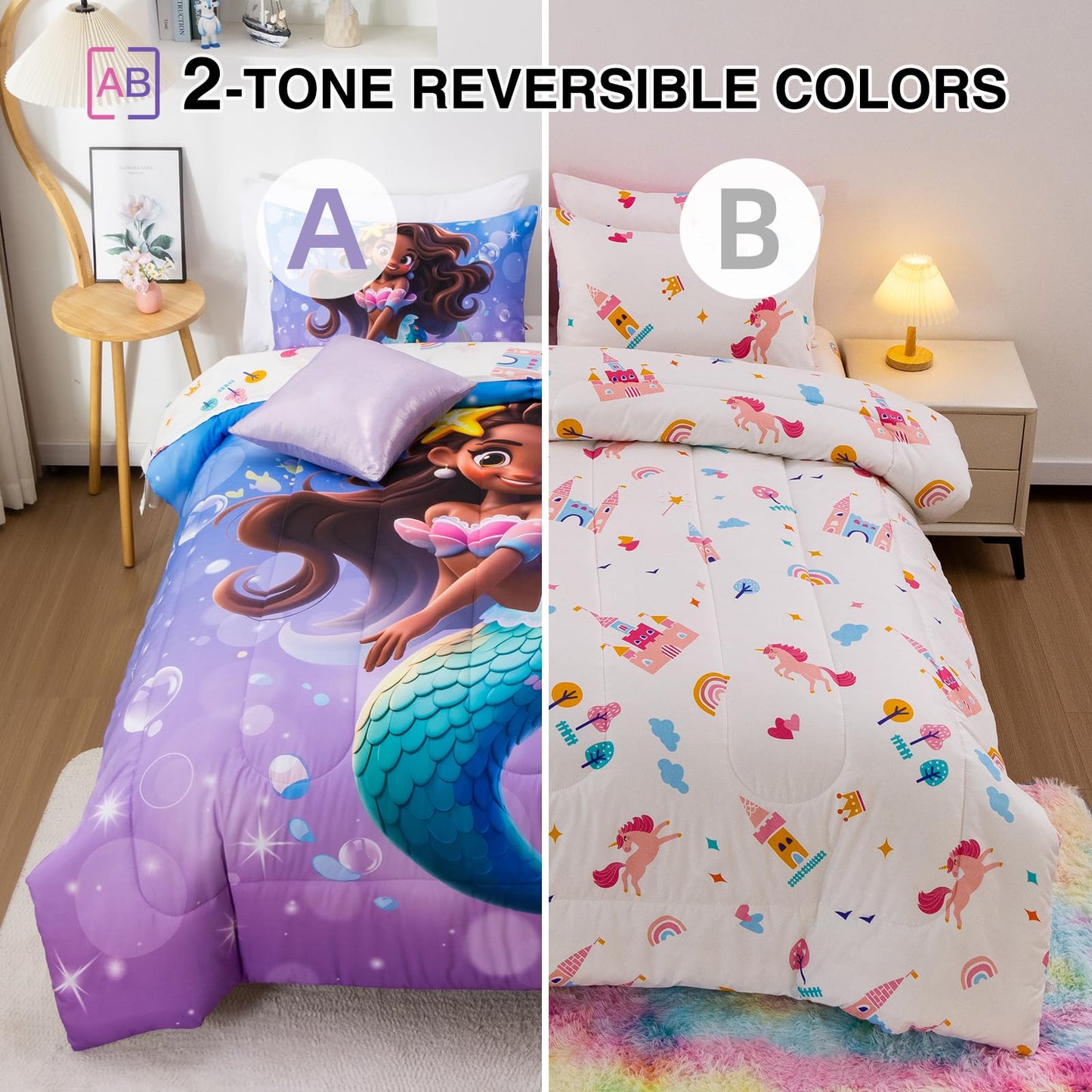 A Nice Night Mermaid Wearing Starfish Hair Accessory Queen Comforter Set for Girls, Ocean Theme Twin 6-Piece Bed in a Bag with Sheet Set & Pillowcases