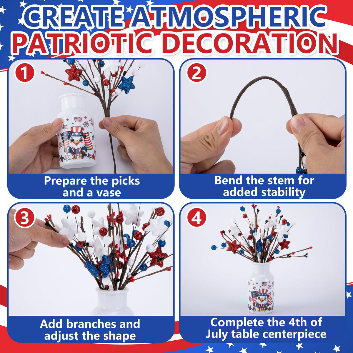 Watayo 2 Set Patriotic Artificial Flower Stems with Glass Vase, 4th of July Artificial Berry Stem Picks, Faux Red White Blue Branches Table Centerpiece for Independence Memorial Day Home Decor