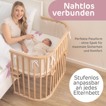 babybay Maxi Extra Large Side Bed Made of Solid Beech Wood/Children's Bed Height Fully Adjustable & Environmentally Friendly/with Mattress, Grid, Wheels (Natural Varnish)