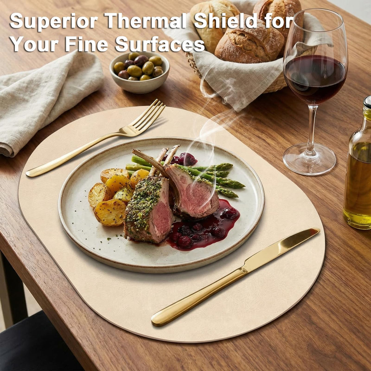 BIPASION Placemats, Oval Placemats 2mm Ultra Thick Faux Leather Table Mats, Heat Resistant Waterproof Wipeable Dining Mats for Kitchen Table, Set of 8, Beige