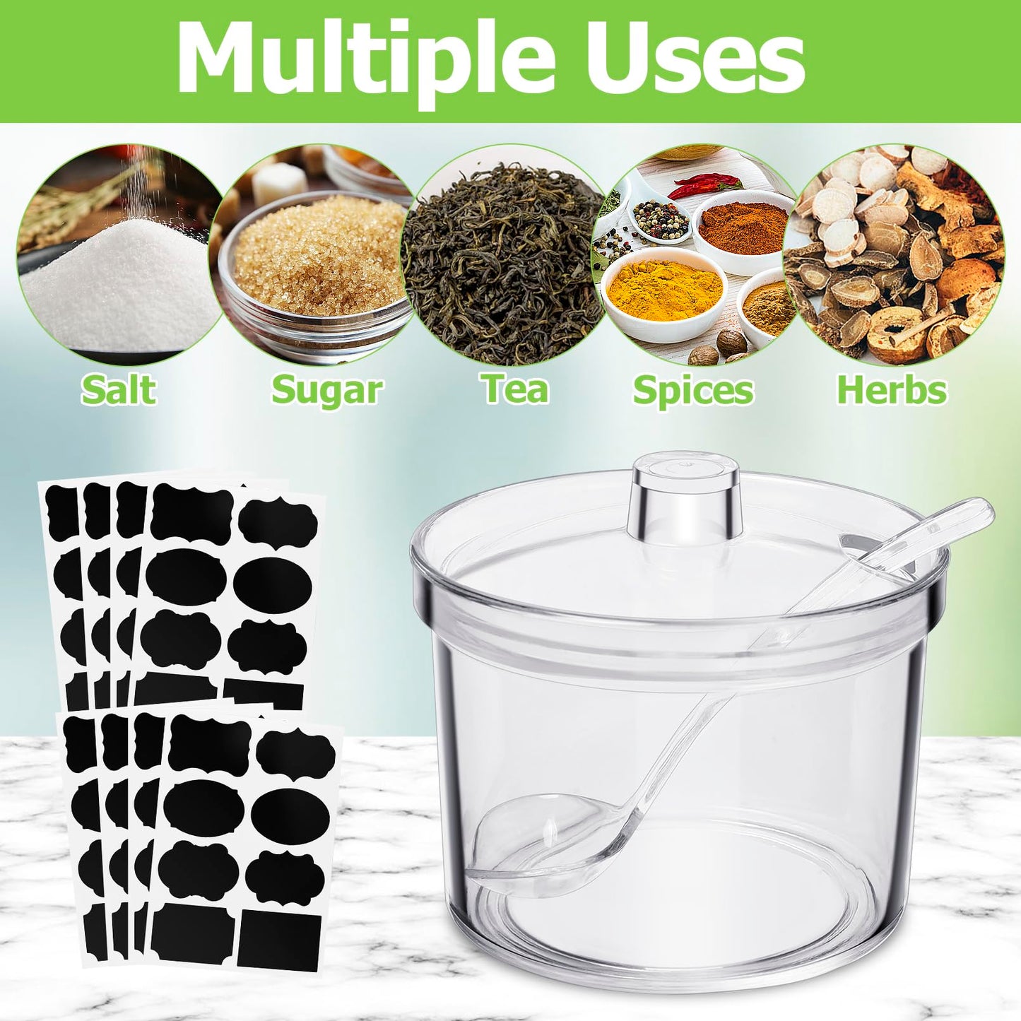 COCPOK 12 Pack Clear Sugar Bowls, 7.1 oz Acrylic Sugar Containers with Lids and Spoons with Tag, Dispenser Salt Bowl for Countertop, Toppings Containers for Serving Condimen Salt Tea Coffee Spices