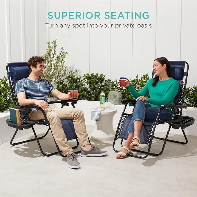 Best Choice Products Set of 2 Adjustable Steel Mesh Zero Gravity Lounge Chair Recliners w/Pillows and Cup Holder Trays - Navy Blue