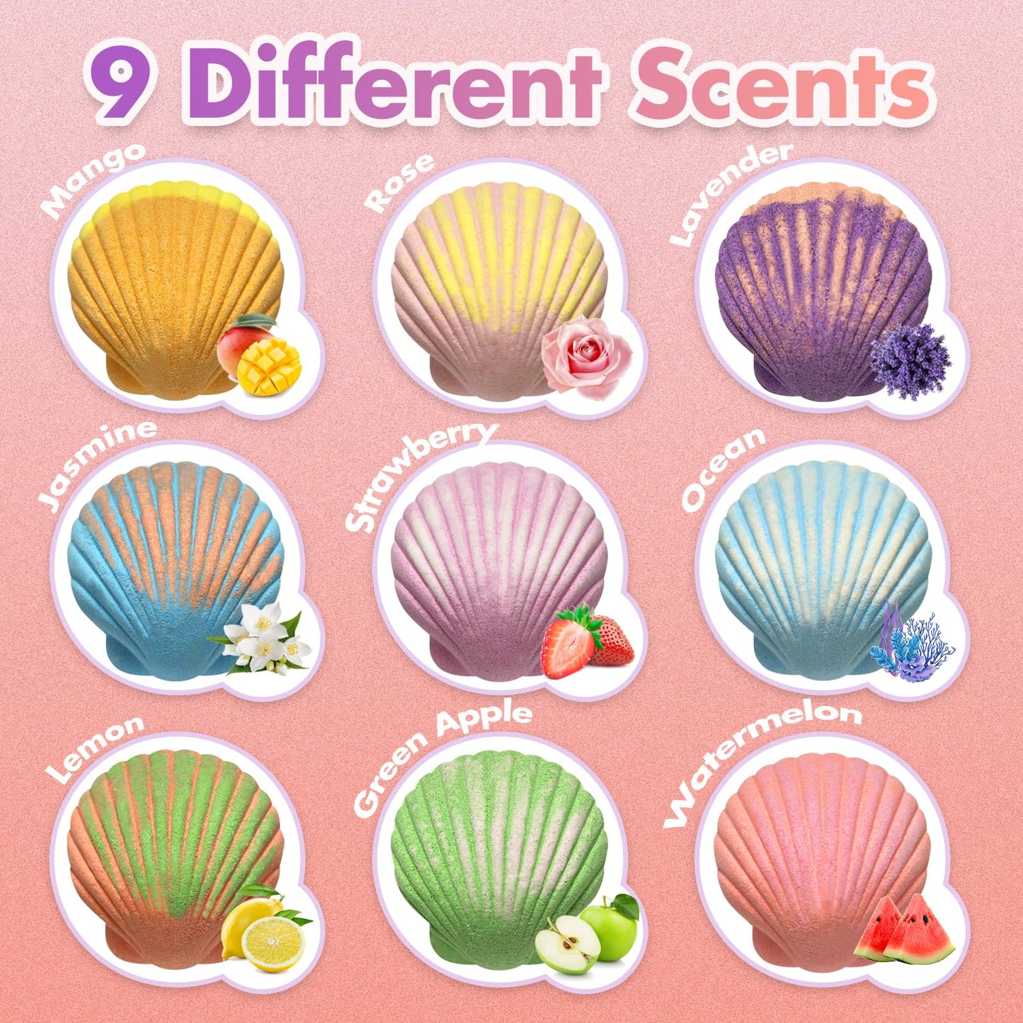 Mermaid Bath Bombs for Girls Kids with Toys Inside, 9 Pcs Natural Handmade Shell Bubble Bath Bomb Kit for Girls with Jewelry Surprise, Pefect for Christmas Easter Birthday Gift Princess Party Favor