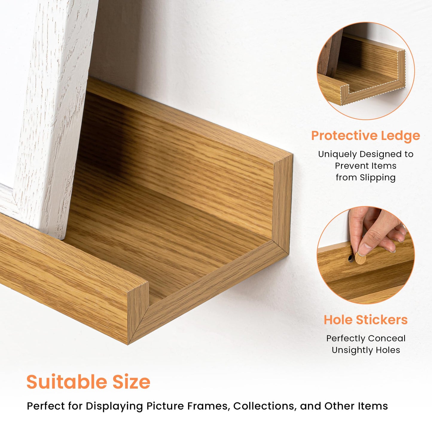 RICHFOCUS Picture Ledge Shelf, 16 inch Floating Shelves Set of 2, Wood Wall Shelves with Lip, Wall Decor Storage for Bedroom Living Room Bathroom Kitchen Nursery Photo Picture, Oak