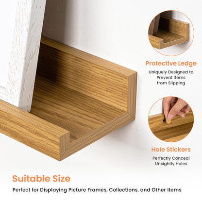 RICHFOCUS Picture Ledge Shelf, 16 inch Floating Shelves Set of 2, Wood Wall Shelves with Lip, Wall Decor Storage for Bedroom Living Room Bathroom Kitchen Nursery Photo Picture, Oak