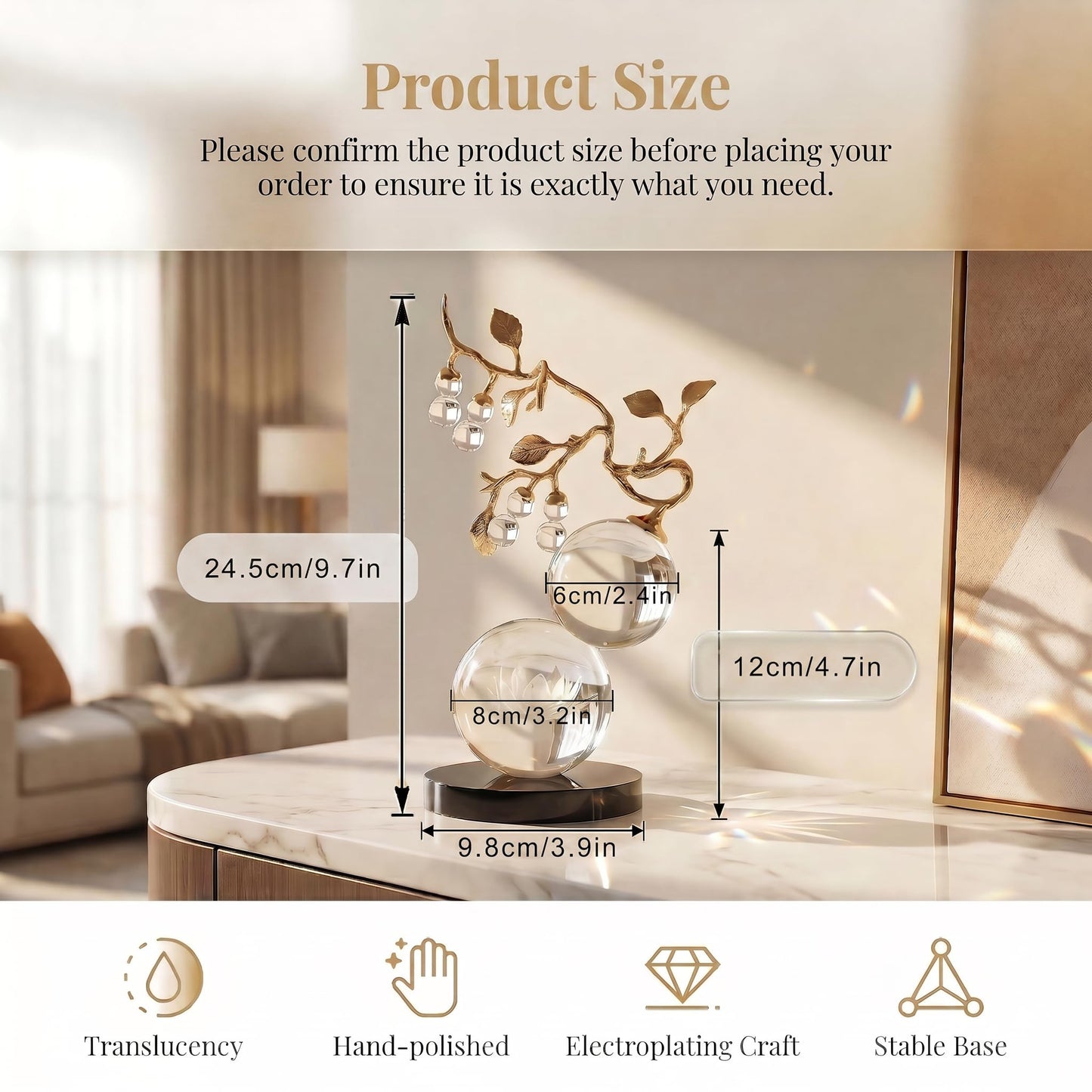 Mataura Clear Glass Sculpture, Nature Inspired Decorative Statue with Gold Metal Branch - Minimalist Desk Sculpture Home Decor for Tabletop Living Room Shelf Desk Office - Unique Housewarming Gift
