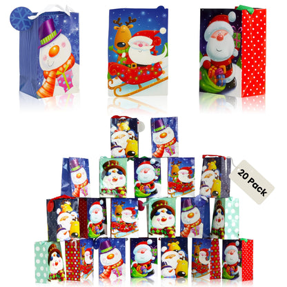 Iconikal 20-Pack Christmas Gift Bags, Small 4x6x2.5-Inch, Snowman Santa Reindeer, Ribbon Handles