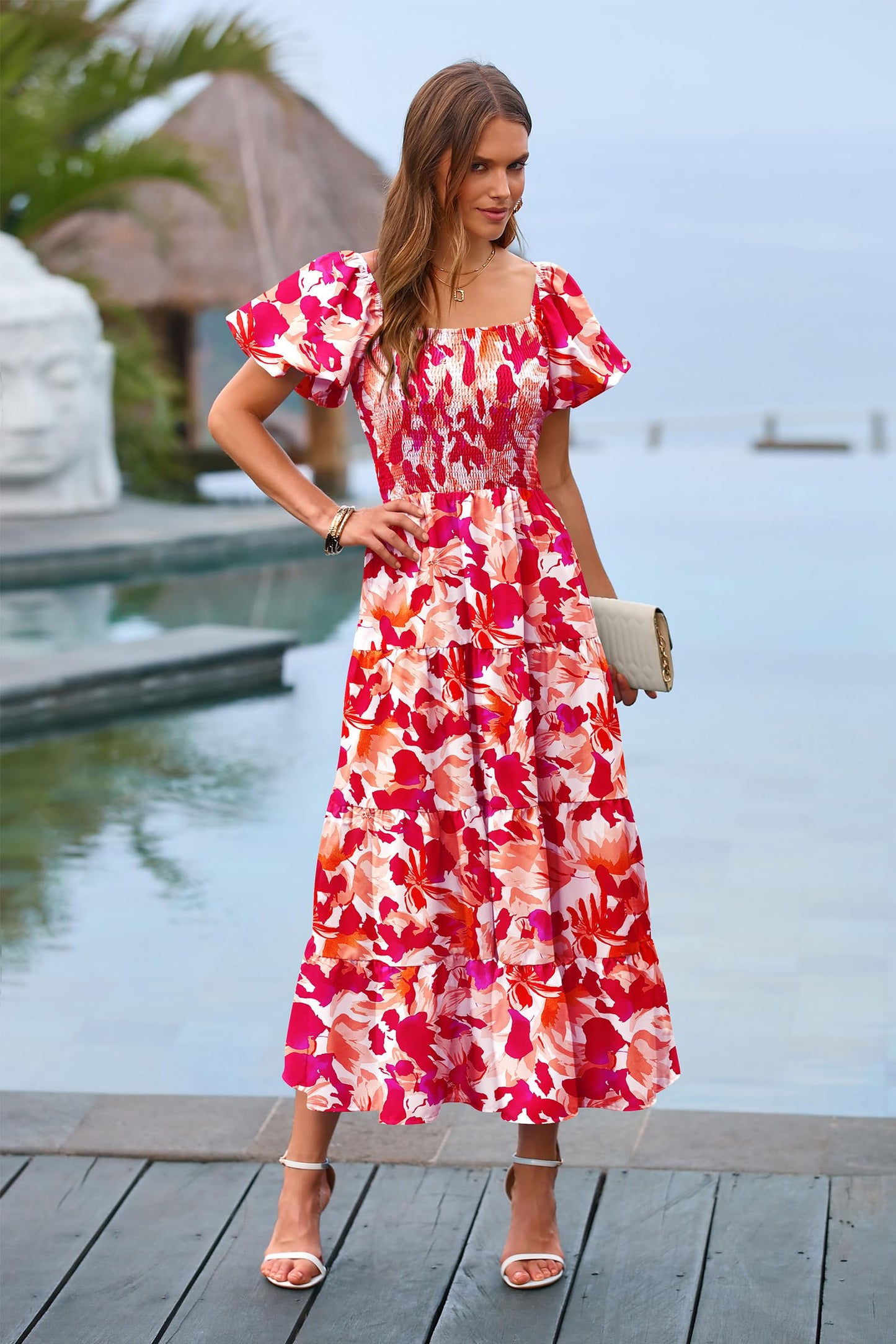 PRETTYGARDEN Women's Casual Summer Midi Dress Puffy Short Sleeve Square Neck Smocked Tiered Ruffle Dresses (Floral Red,Medium)