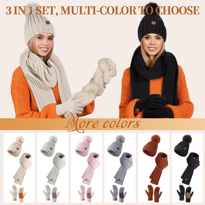 Winter Beanie Hat Scarf Gloves Set for Women, Winter Hats for Women Fleece Lined with Pom Pom Neck Warmer Touchscreen Gloves 3 in 1 Cold Weather Set, Stocking Stuffers Gifts for Mom Her(Oatmeal)