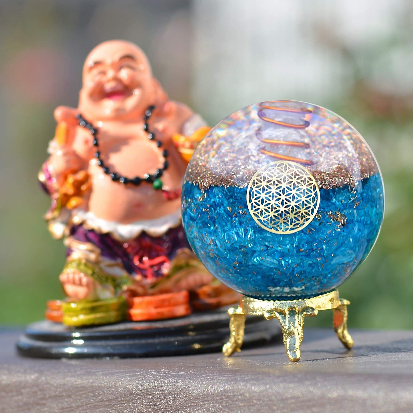 Orgonite Crystal Blue Aquamarine Crystal Ball with Stand for Positive Energy, Chakra Balancing –with Flower of Life Symbol to Promote Purpose, Serenity and Courage