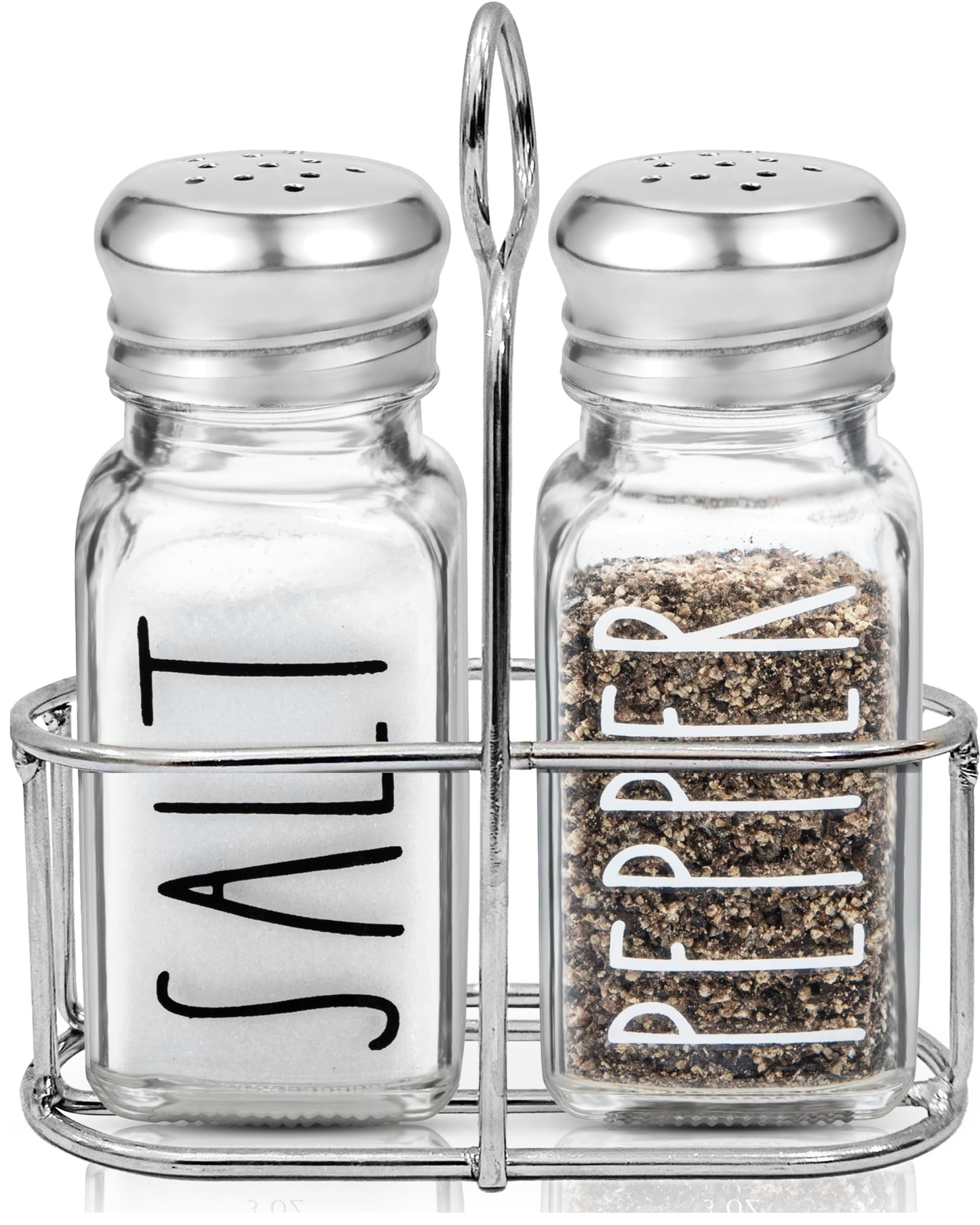 Clear Glass Salt and Pepper Shakers Set with Holder by Brighter Barns - Dining Table Countertop Accessories, Farmhouse Kitchen Decor - Glass Shakers with Caddy for Restaurant, BBQ, Camping, RV (Clear)