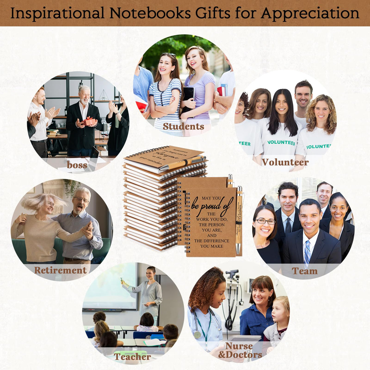 Honoson Spiral Notebooks Sets Teacher Appreciation Gifts Bulk Inspirational Journals with Retractable Bamboo Pens Encouragement Notepad Thank You Gifts for Staff Employee Coworker(30 Sets)