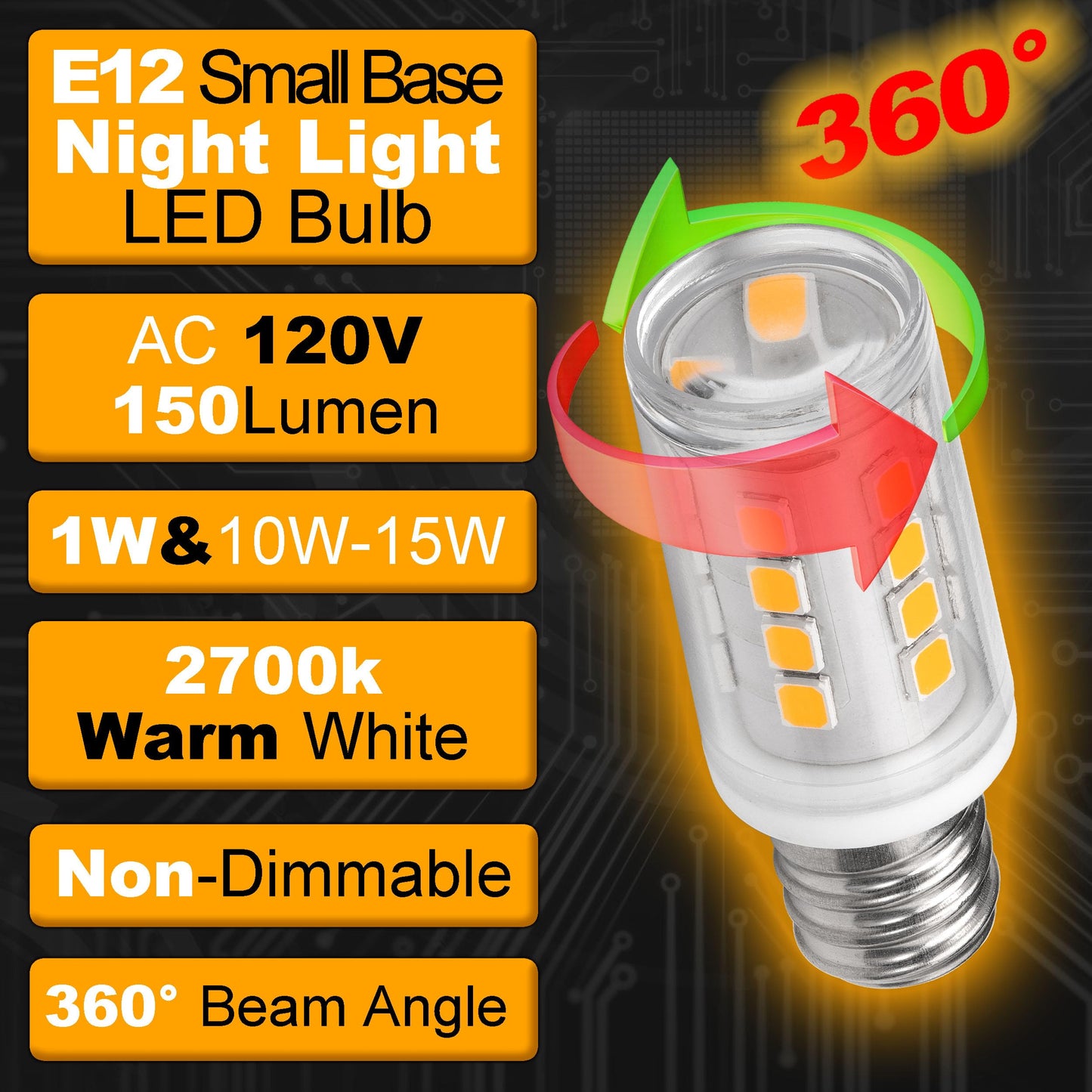 Hylroe E12 LED Candelabra Base Night Light Bulb 1 Watt Equivalent 10W 15W, AC120V 150lm 2700K Warm White C7 E12 Small Bulbs for Salt Lamp Appliance Bulb Decorative String Lights, Non-dimmable, 4 Pack