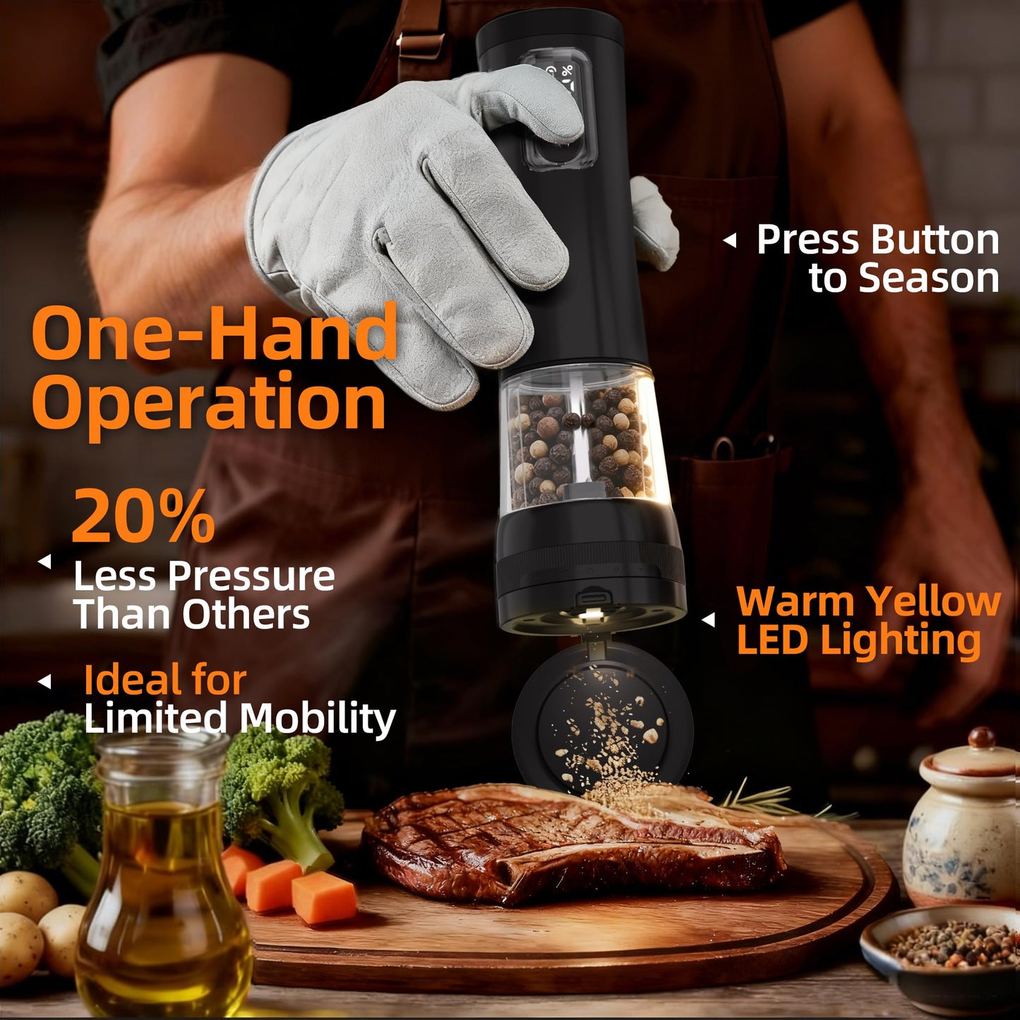 Electric Salt and Pepper Grinder, Rechargeable Automatic Pepper Mill with Base,5-Level Adjustable Coarseness, Display, LED Lighting, Large Capacity-Ideal for Kitchen, BBQ Gifts (1, Black-A)