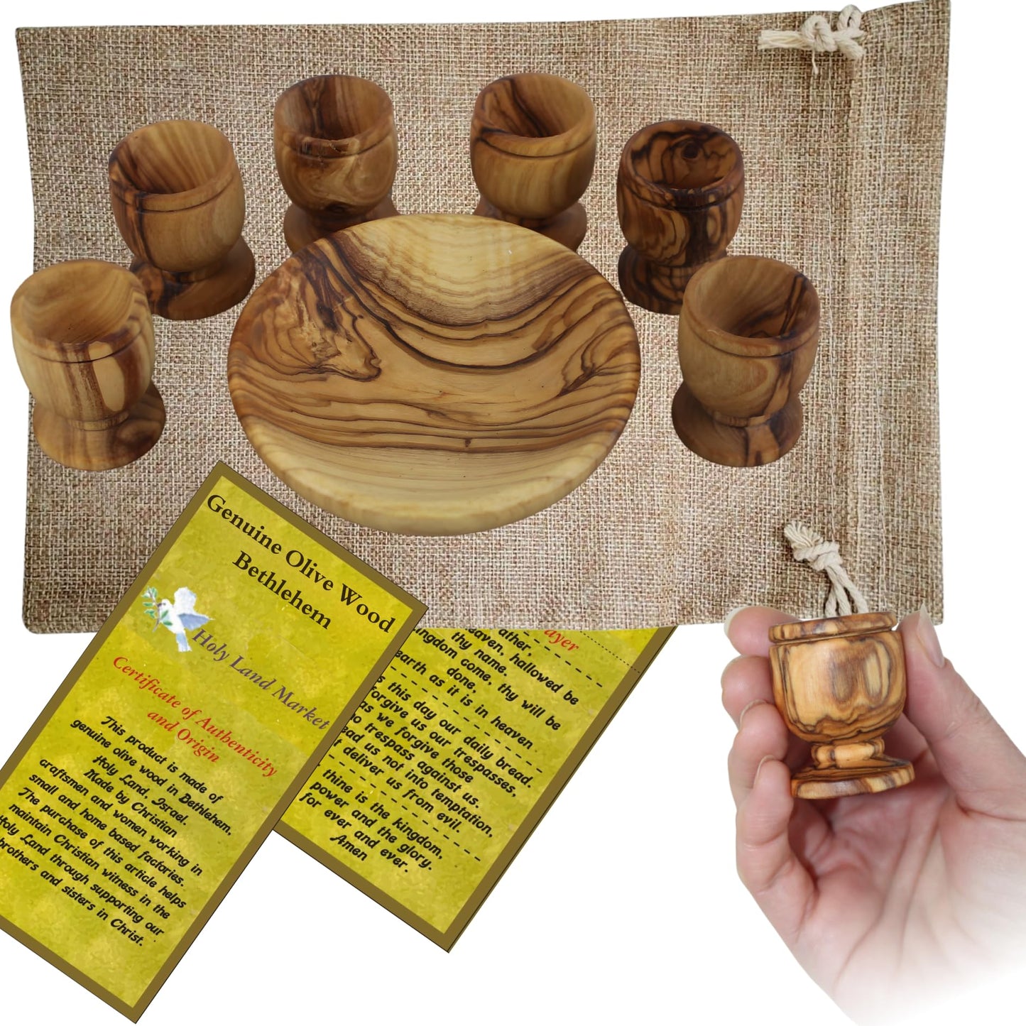 Holy Land Market Olive Wood Communion Cups & Plate Set KIddush - Communion Set Hand-Carved in Bethlehem – for Church Worship, Pastors & Ministries (Round Bowl + 6 Small Goblets)