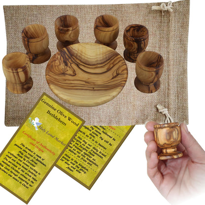 Holy Land Market Olive Wood Communion Cups & Plate Set KIddush - Communion Set Hand-Carved in Bethlehem – for Church Worship, Pastors & Ministries (Round Bowl + 6 Small Goblets)