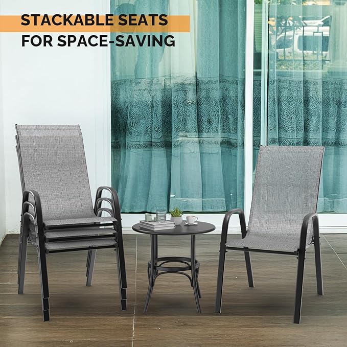 VINGLI Patio Chairs Set of 4 – Stackable Outdoor Dining Chairs with Comfortable Sling High Back Chairs and Armrests for Lawn, Poolside, Courtyard, Balcony, Garden, Silver Gray