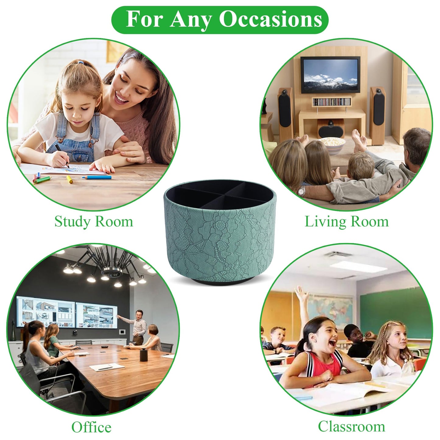 Lvkjafaz Round Leather Art Supply Organizer,Remote Control Holder,360 Degree Spinning,Multi-Functional Pencil Holder,4 Compartments Desktop Stationary Organizer(1-Lace Flower Green2)
