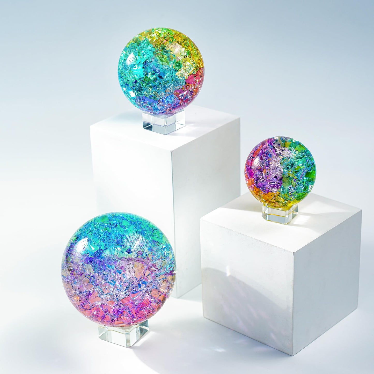Crystal Ball Set of 3 Colorful Glass Decorative Spheres with Stands