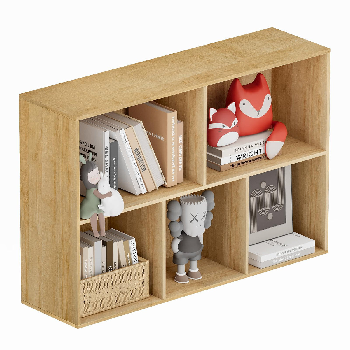Nestwise Book Shelf, Wooden Cube Storage Organizer with 11" Open Cubes, Stackable Modular Bookcase for Room Divider Storage, 2 Tier Bookshelf for Living Room, Bedroom, Office (Oak, 5-Cube)