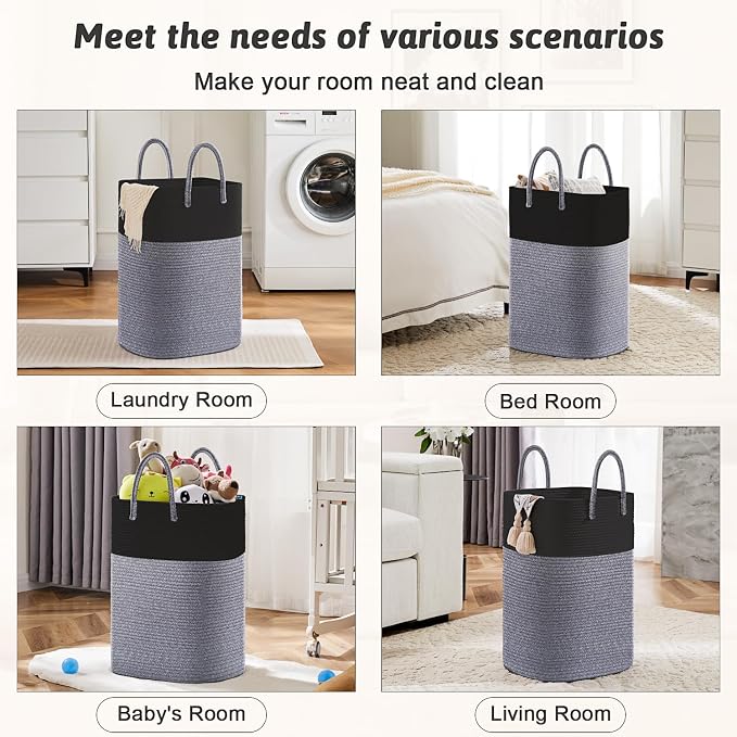 Laundry Basket,Woven Cotton Rope Laundry Hamper,Versatile Storage for Dirty Clothes,Baby Toys,and Blankets in Bathroom, Nursery,and Living Room (Black, 60L)