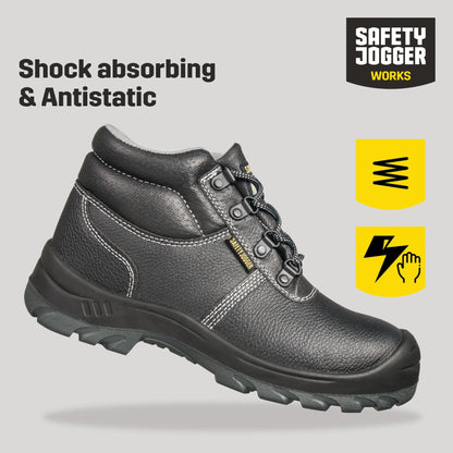 SAFETY JOGGER Safety Boot - BESTBOY - Steel Toe Cap S3/S1P Work Shoe for Men or Women, Anti Slip Puncture Resistant Steel Sole, Shock Absorbing, Water and Oil Repellant Safety Shoe, UK 10 EU 44, Black Leather