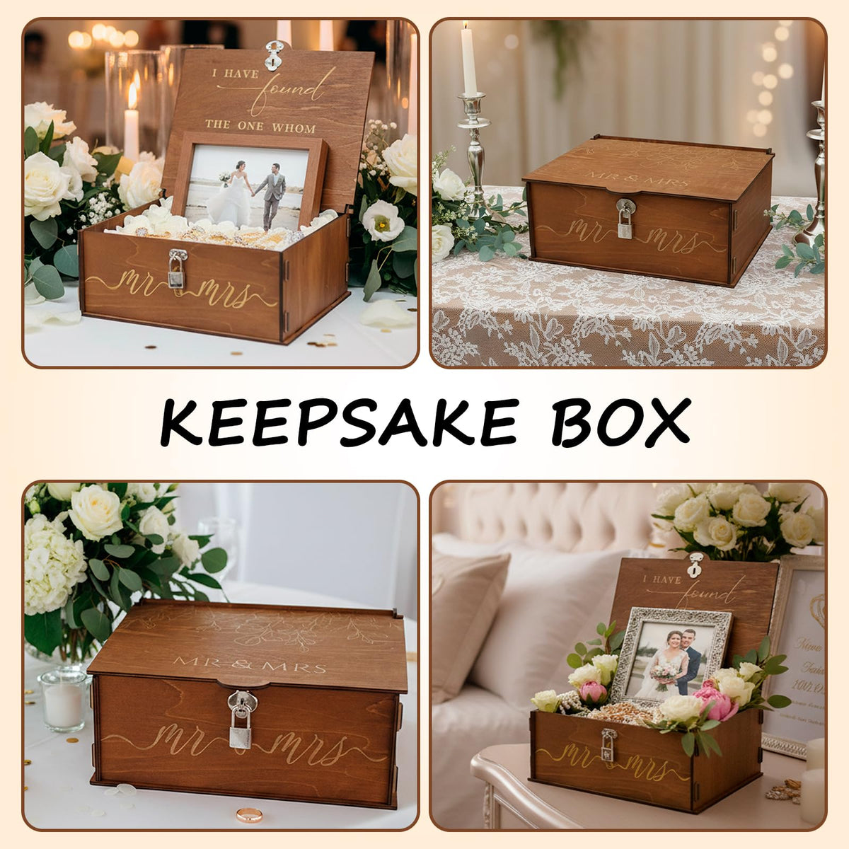 OurWarm Wedding Keepsake Box with Lock, Large Wooden Memory Box for Keepsakes, Wood Decorative Photo Storage Boxes with Lids, Mr and Mrs Personalized Anniversary Engagement Gifts for Couples