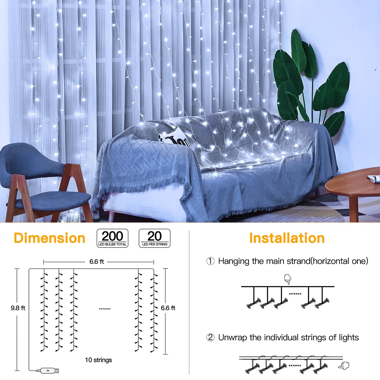 Ollny Curtain Lights 6.6x6.6ft, 200 LED White Christmas Lights with Remote 8 Modes Dimmable Timer, USB Power String Light for Bedroom Backdrop Indoor Window Wedding Decorations