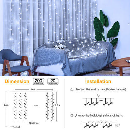 Ollny Curtain Lights 6.6x6.6ft, 200 LED White Christmas Lights with Remote 8 Modes Dimmable Timer, USB Power String Light for Bedroom Backdrop Indoor Window Wedding Decorations