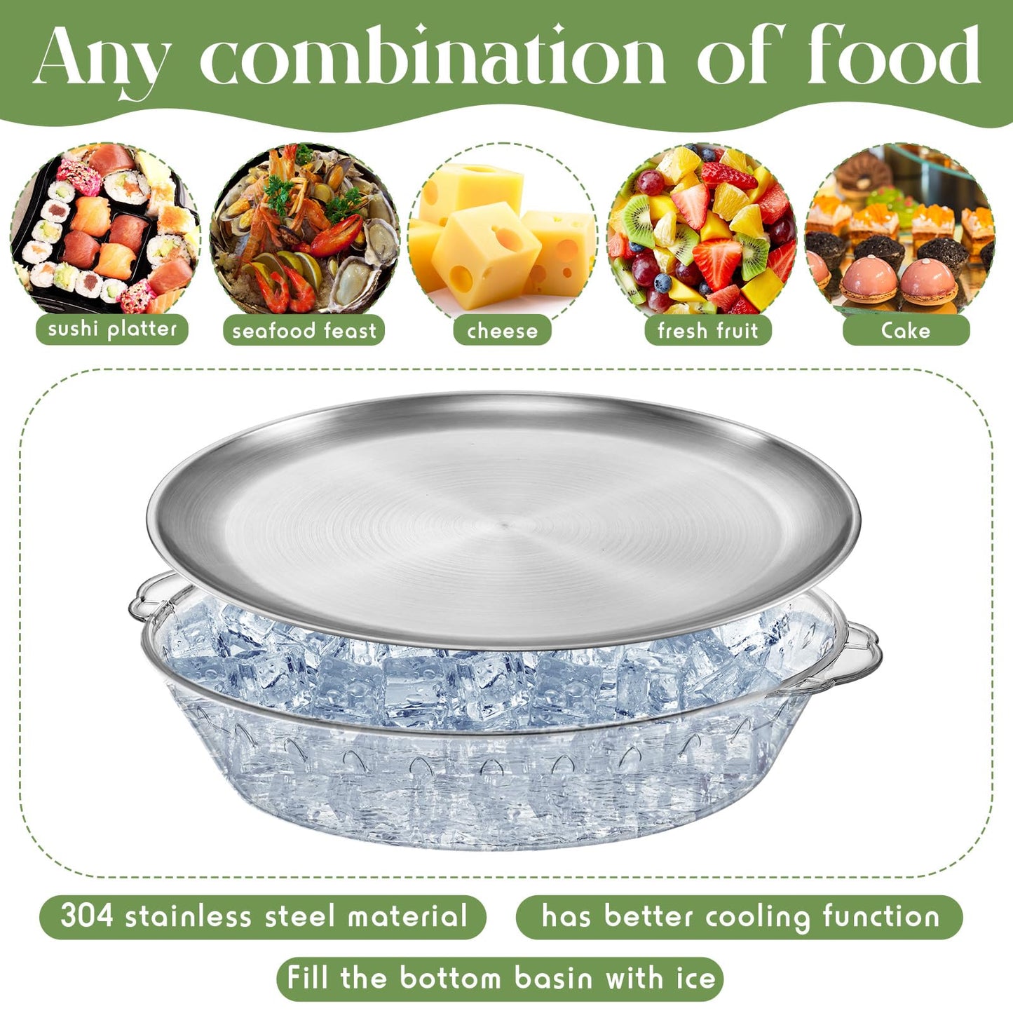 Baderke 4 Set 11.8" + 9" Chilled Serving Tray for Parties with Compartments Ice Chilled Party Platter Charcuterie Serving Board 1.7 oz Dipping Bowls with Tongs for Fruit Seafood Vegetable (Natural)