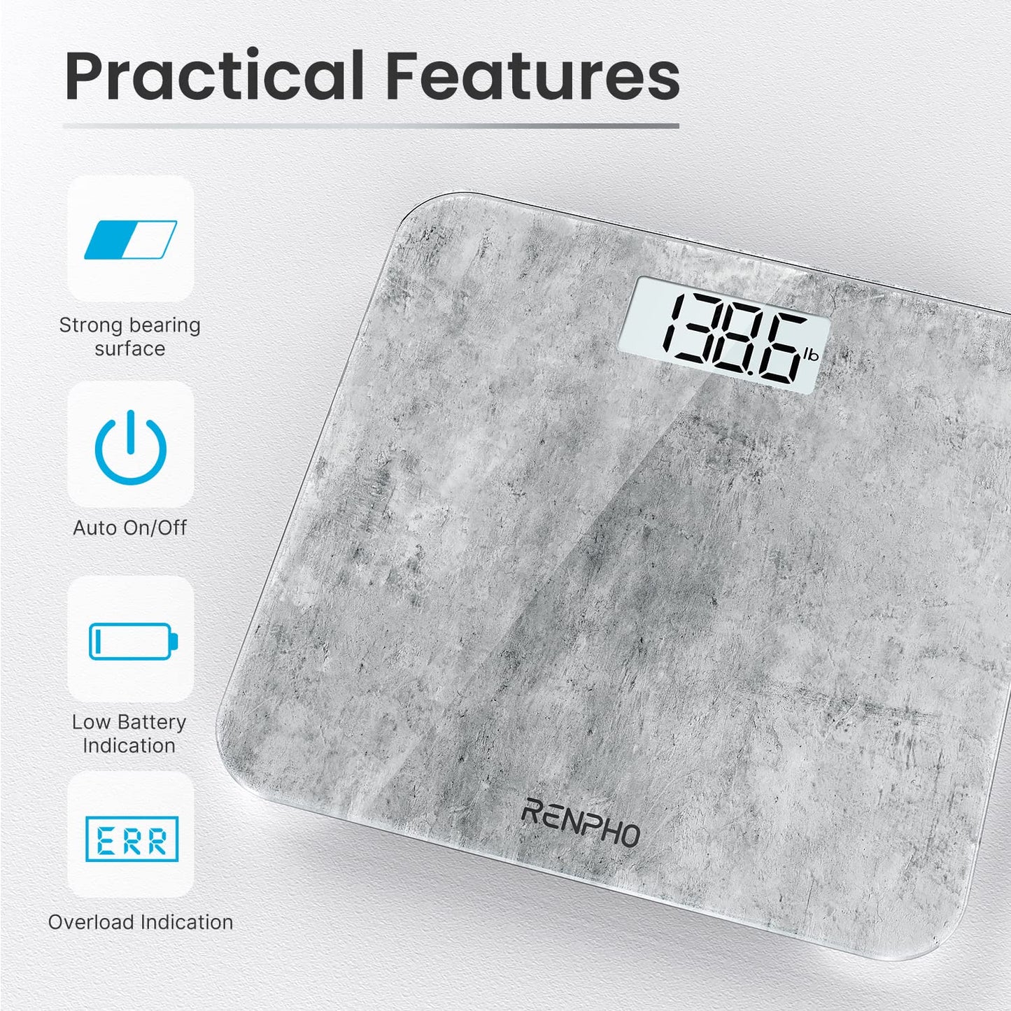RENPHO Digital Bathroom Scales for Body Weight, Weighing Scale with High Precision Sensors Accurate, Bathroom Scales Weight Machine for People, LED Display, Step-On (ST/LB/KG), Concrete, Core 1S
