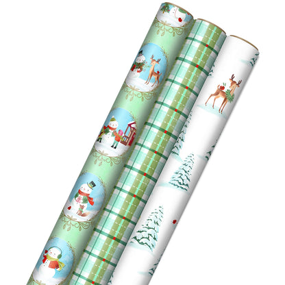 Hallmark Christmas Wrapping Paper Rolls, Holiday Gift Wrap (Pack of 3: 120 sq. ft. ttl) Storybook Critters, Snowmen, Green and Blue Plaid