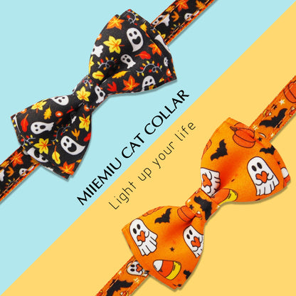 Halloween Cat Collar Set, 2 Pack Holiday Spooky Ghost & Pumpkin Adjustable Collars with Bow Tie & Bells, Safety Breakaway Buckle for Boys and Girls Kitties Kittens