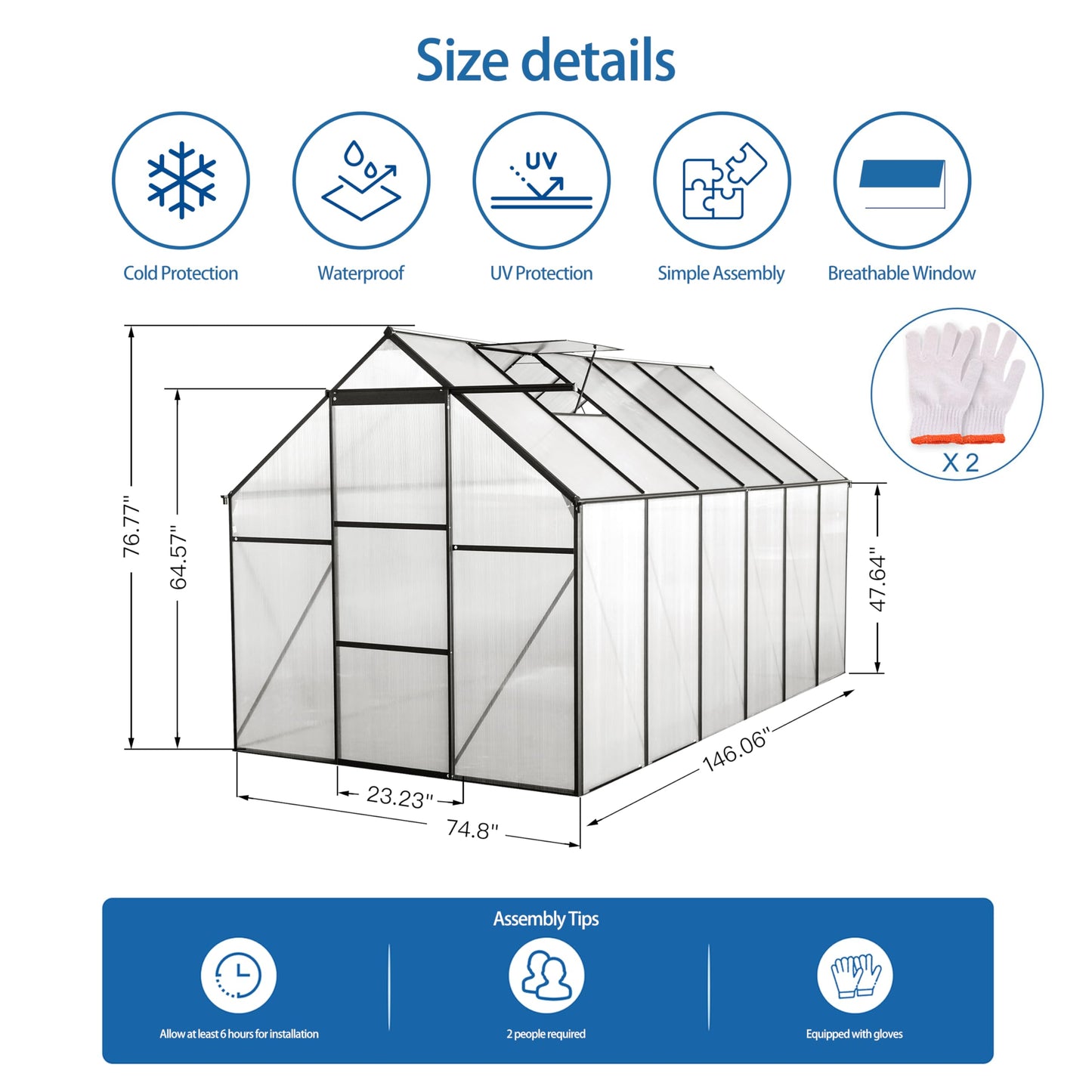 Jintop 6x12 FT Polycarbonate Greenhouse with Raised Base and Anchor Aluminum,Heavy Duty Walk-in Green Houses,w/ Drainage System & Adjustable Roof/Sliding Door,for Outdoor Backyard,Black