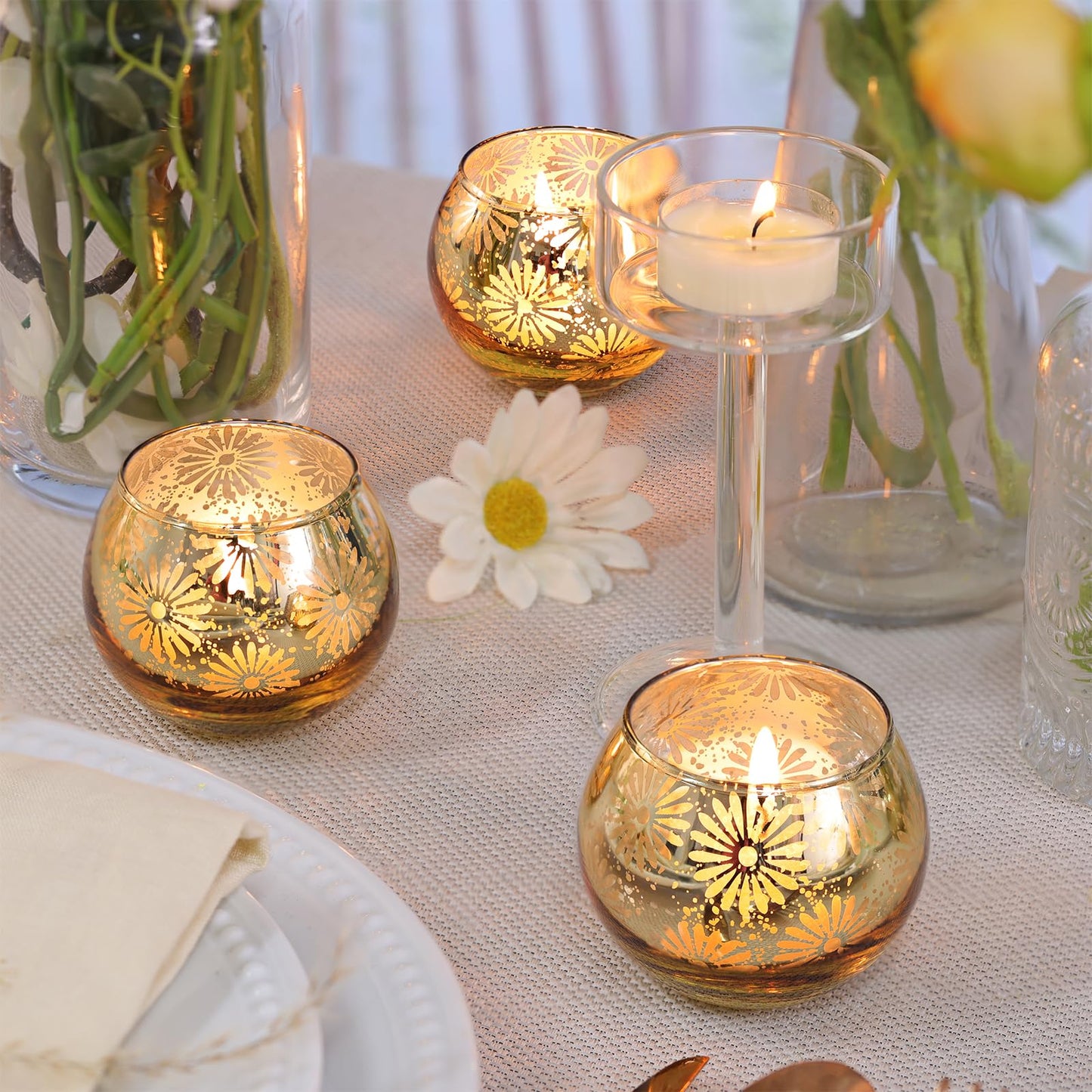 sunnyfuture Gold Mercury Glass Votive Candle Holders Set of 12, Round Tealight Candle Holders Bulk for Table Centerpieces, Weddings, Shower Gifts, Christmas, Halloween Party Decorations