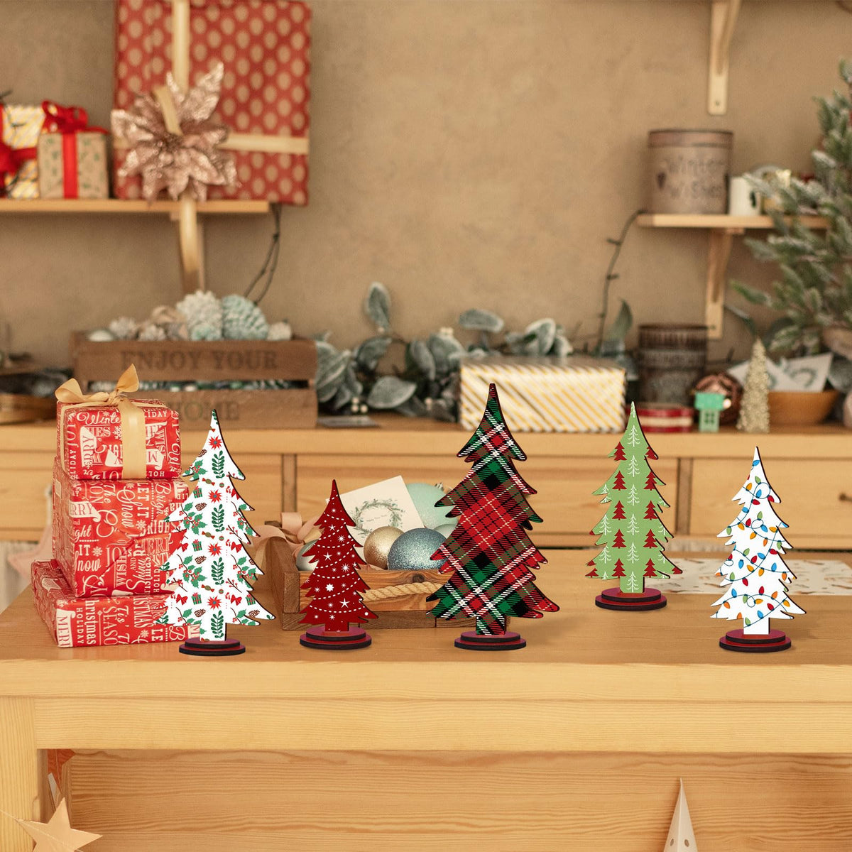 Pigort Christmas Decorations – Rustic Wooden Christmas Tree Table Decor, Freestanding Xmas Centerpiece for Home & Shelf, Winter Tiered Tray Decorative (5)