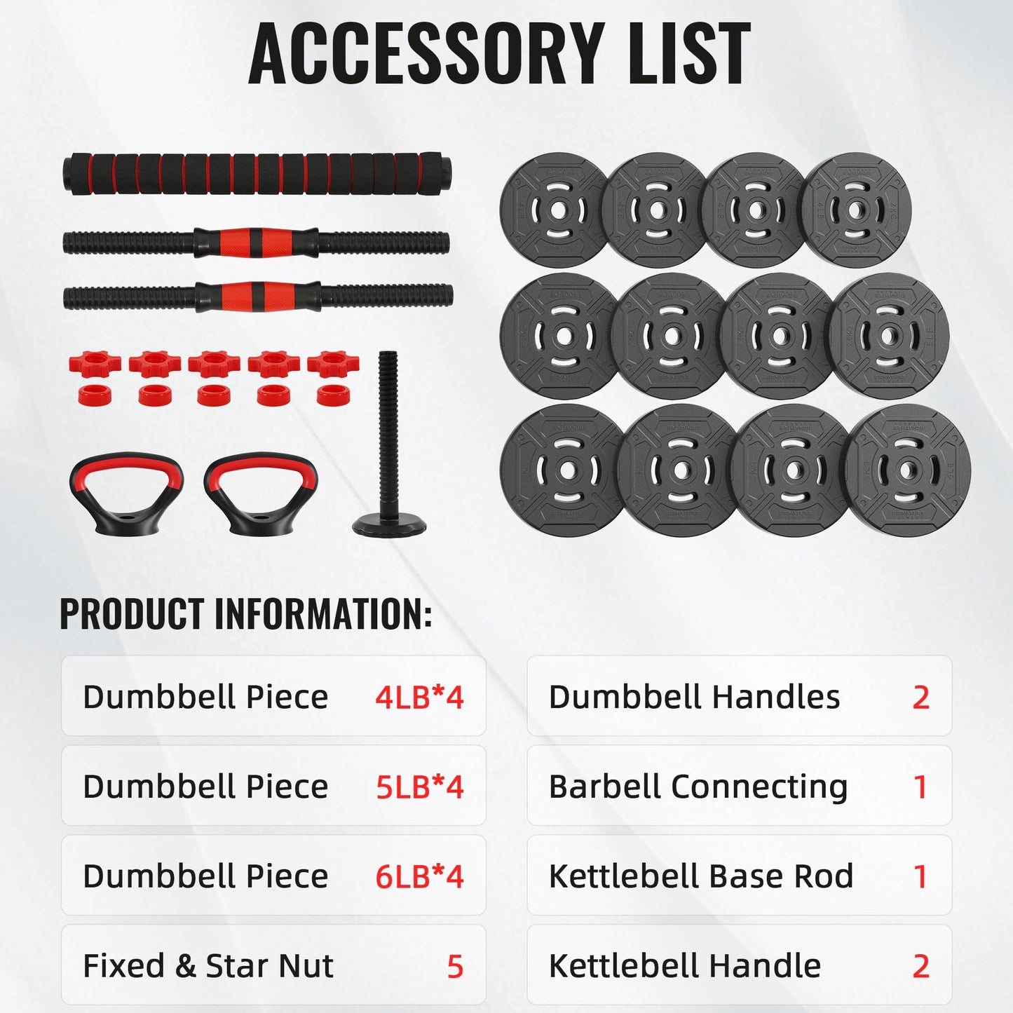 Fitvids Multi-Functional Portable Changeable Dumbbell and Barbell Kettlebell Set with Adjustable Weights, 40LBS or 60LBS Sets, 2-in-1 or 4-in1, Multiple Styles