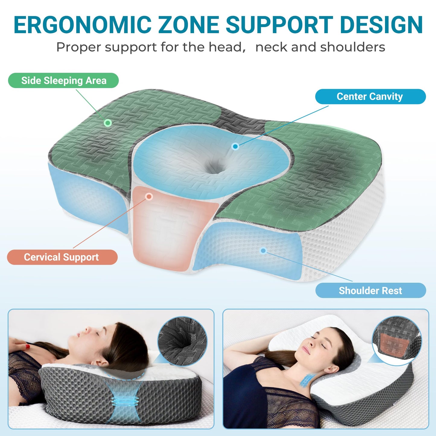 Elviros Cervical Memory Foam Neck Pillow for Side Sleeping, Orthopedic Pillows for Back and Stomach Sleepers, Adjustable Ergonomic Bed Pillow Pain Relief (Dark Grey)