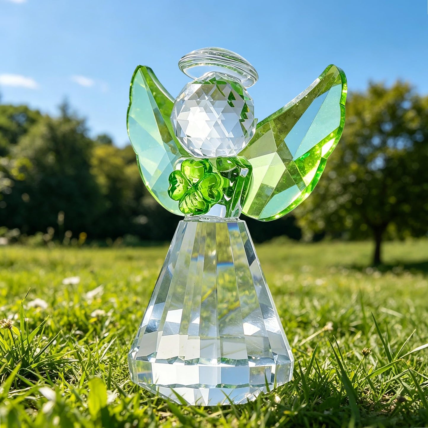 MysticGlitz 3.35in Crystal Guardian Angel Figurine with Green Four‑Leaf Clover, Handcrafted Ornament, Lucky Tabletop Decor Paperweight, Gift for Women Mother's Day Birthday Christmas(Green)