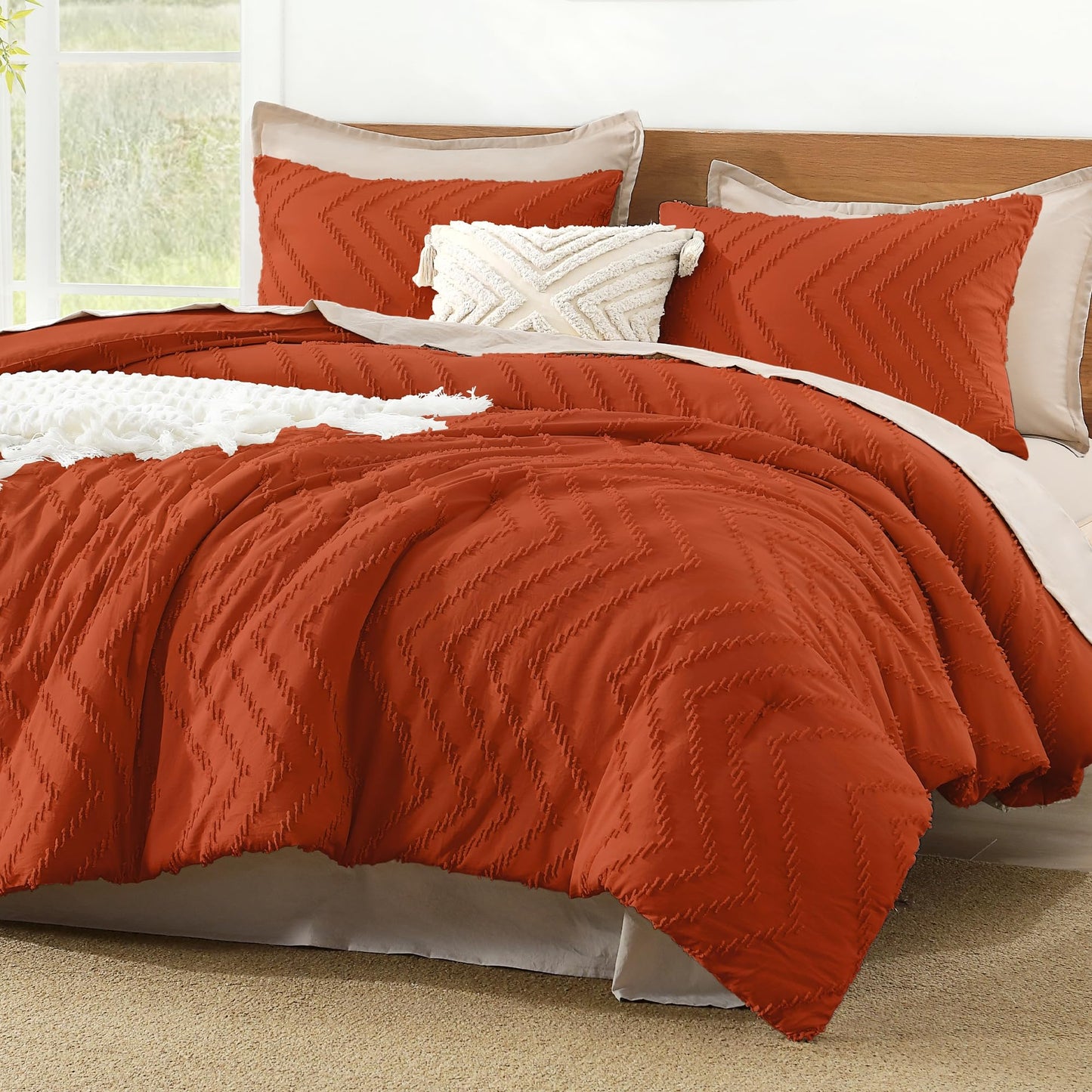 Litanika Burnt Orange King Comforter Set, 3 Pieces Lightweight Terracotta Rust Boho Fall Tufted Bedding Sets, Down Alternative Comforter Fluffy Bed Set Gift Choice