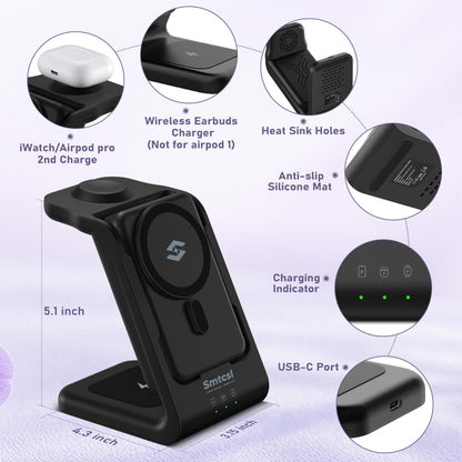 Smtcsl 3 in 1 Wireless Charging Station: 10000mAh Removable Power Bank Charger Stand for Phone/Watch/Air Pods - Portable Magnetic Battery Pack for Air 17 16 15 14 13 12 Series