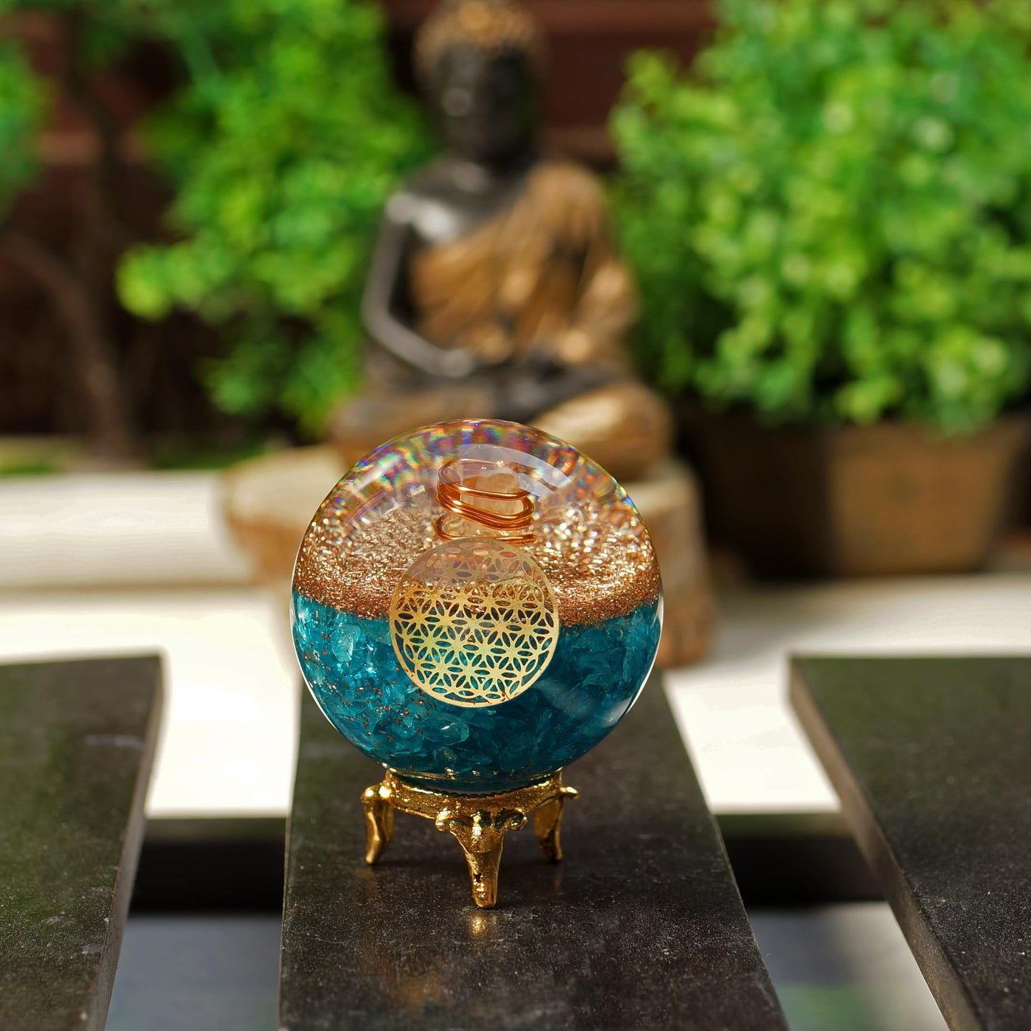 Orgonite Crystal Blue Aquamarine Crystal Ball with Stand for Positive Energy, Chakra Balancing –with Flower of Life Symbol to Promote Purpose, Serenity and Courage