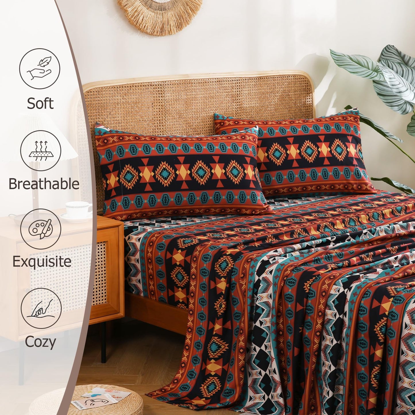 CozySmile 4 Pieces Queen Sheet Set Bohemian, Boho Sheets Soft Microfiber Deep Pocket, Western Sheets Geometric(Queen, Multicolor Tribal)
