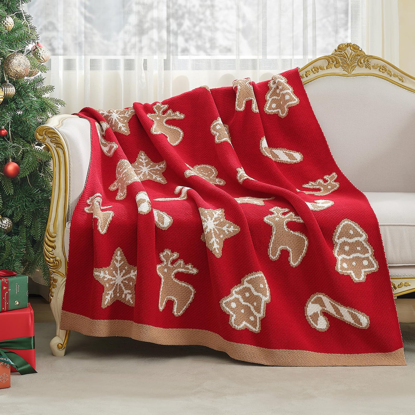 Amélie Home Christmas Knit Throw for Couch, Reversible Soft Cozy Chenille Blanket for Home Decor Gift for Family, 50" x 60", Christmas Gingerbread Cookie