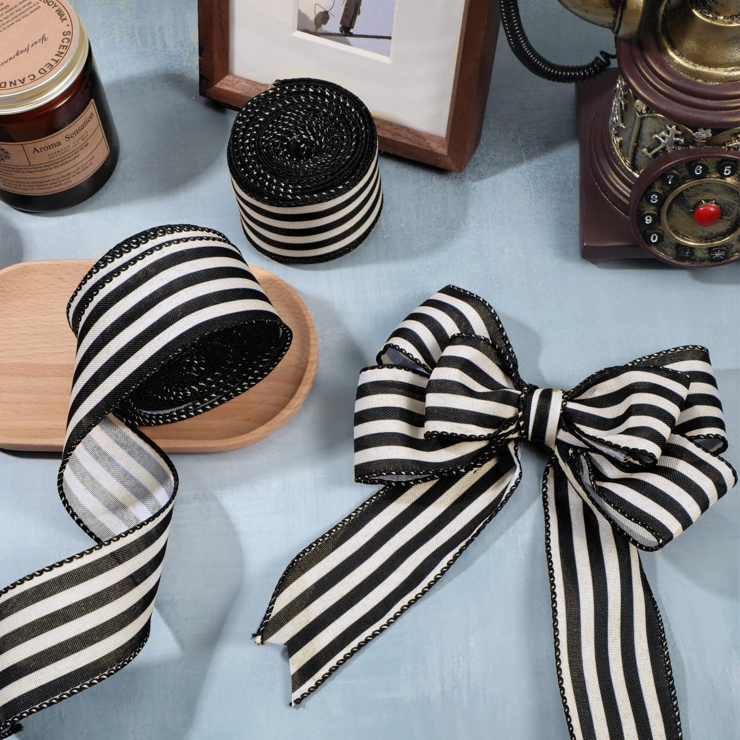 Moukeren 2 Rolls Black and Cream White Stripe Wired Edge Ribbon Halloween Rustic Ivory Boho Black and White Ribbon for Christmas Party Gift Wrapping Bow DIY Craft Home Decor(2 Inch, 20 Yard)