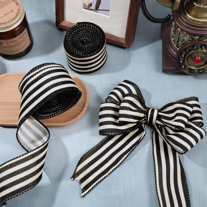 Moukeren 2 Rolls Black and Cream White Stripe Wired Edge Ribbon Halloween Rustic Ivory Boho Black and White Ribbon for Christmas Party Gift Wrapping Bow DIY Craft Home Decor(2 Inch, 20 Yard)
