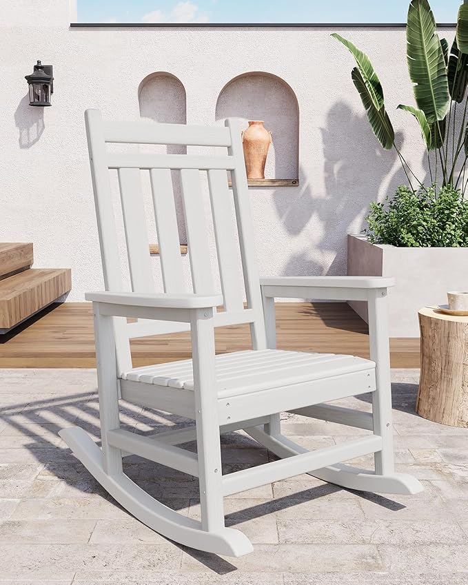 GarveeLife Poly Lumber Rocking Chair Outdoor Set of 4 with 2 Side Table - HDPE High Back Porch Rocker Chairs for Adults - All Weather Resistant Furniture for Patio - White