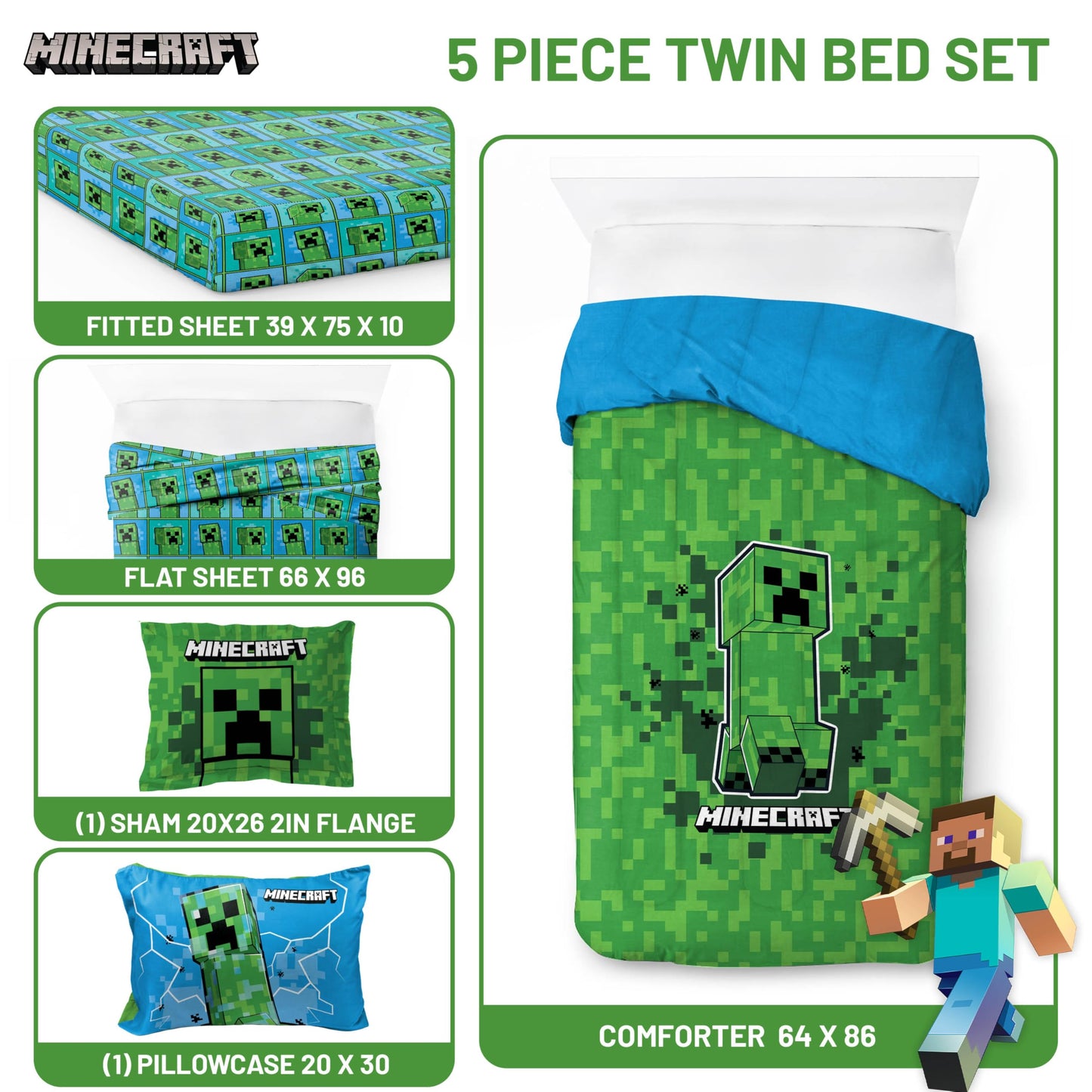 Jay Franco Minecraft Creeper Twin Comforter Set - 5 Piece Boys Bedding Includes Comforter, Sheets & Pillow Covers, Officially Licensed Soft Microfiber Gamer Bed Set for Room Decor, Green