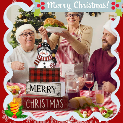 Lineshading 4 Pcs Christmas Table Decoration Wooden Snowman Christmas Tiered Tray Decor Red Buffalo Plaid Block Signs Snowman Table Centerpiece Farmhouse Winter Decoration for Home Kitchen Shelf